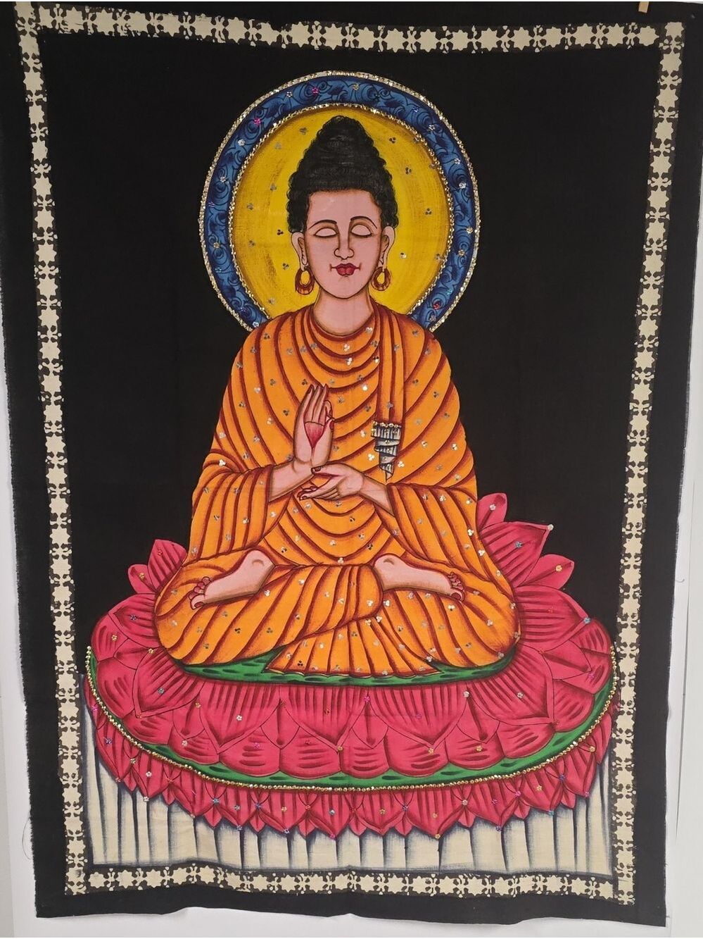 Buddha Hand-Painted Cotton Sequined Batik Yoga Tapestry Wall Hanging 47"X34"